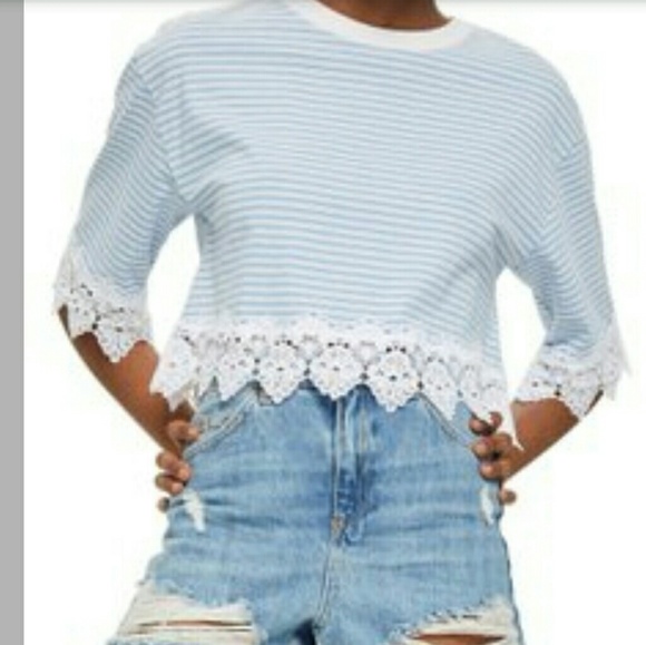 TOPSHOP lace trim  blue white stripe crop top size 4  NWT - Picture 2 of 8